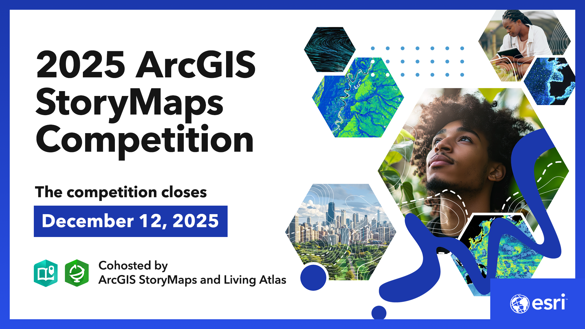 A white rectangular card with a royal blue trim, a collage of hex bin shapes, and 2025 ArcGIS StoryMaps Competition