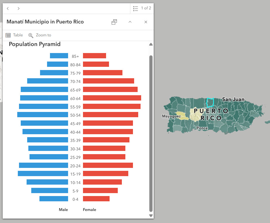 Manati Municipio, PR is dark green in the map, depicting an urban population. The population pyramid toward the younger ages at the bottom has an inverted triangle shape.