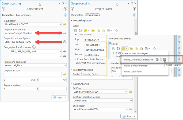 Project Raster geoprocessing tool pane with input parameters. Project Raster geoprocessing tool pane with input parameters.