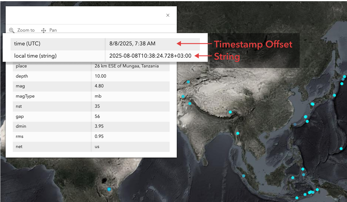 A screenshot highlighting two different fields in a web map popup A screenshot highlighting two different fields in a web map popup