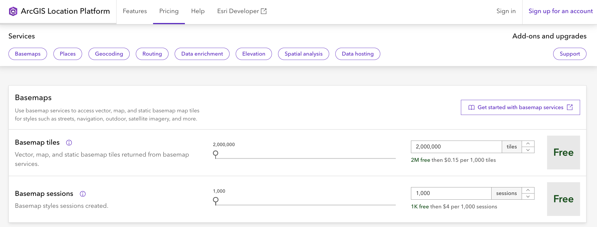 Screenshot of basemap pricing for ArcGIS Location Platform