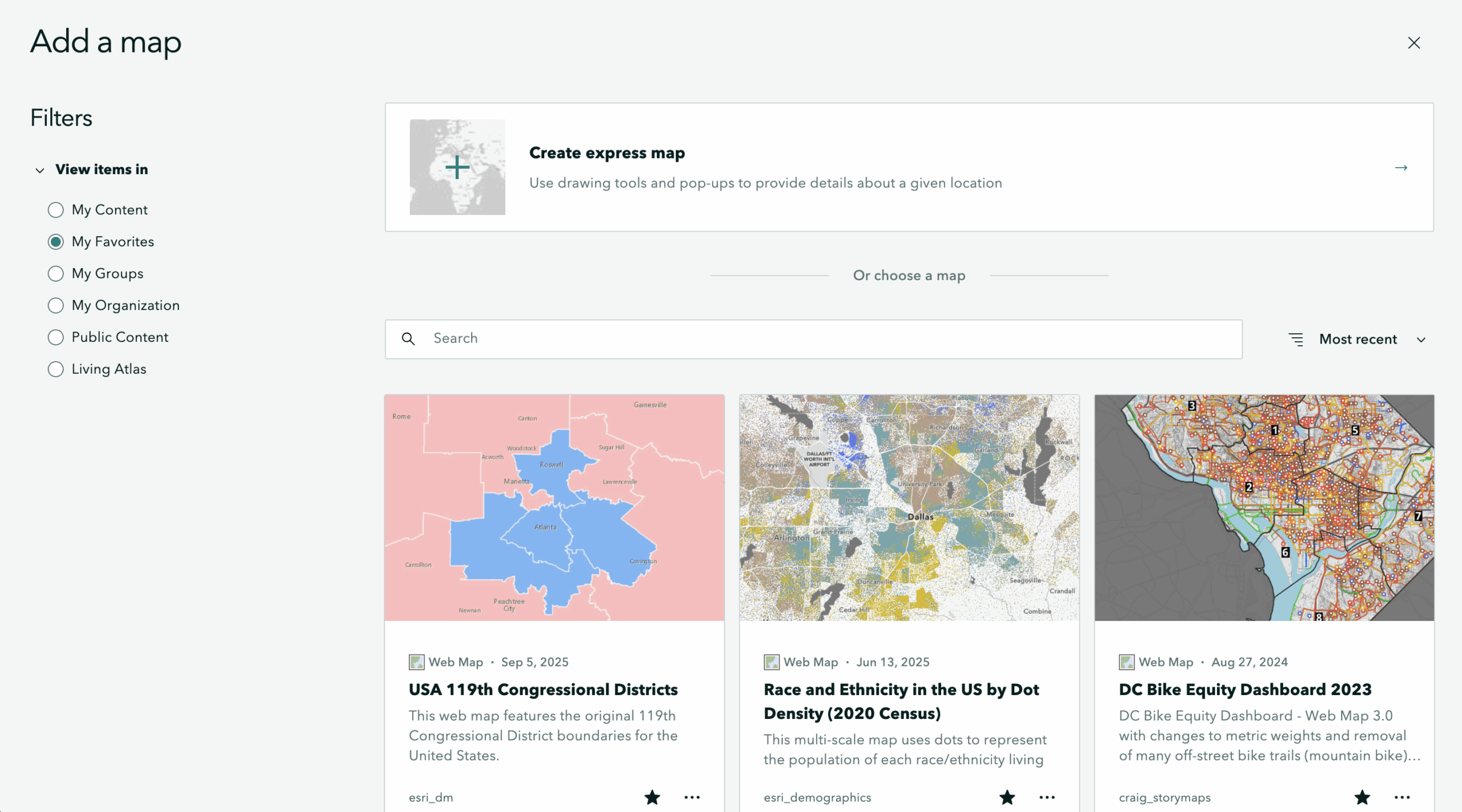 Digital interface for adding a map, with options to filter by content type.