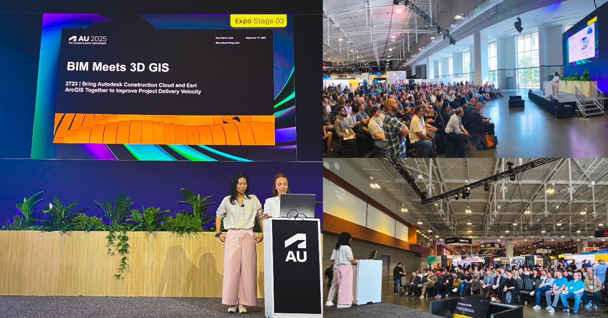 A collage of images from the "BIM Meets 3D GIS" session at Autodesk University 2025, highlighting the integration between Autodesk Construction Cloud and Esri's ArcGIS.