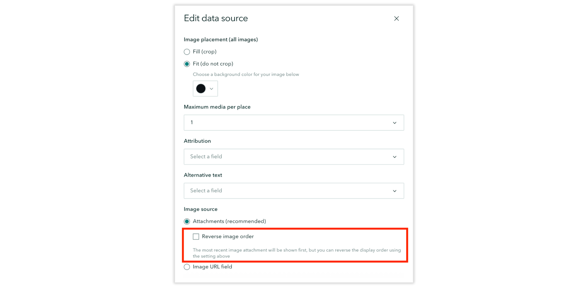 A website interface showing an "Edit data source" menu. Options include image placement, media limit, and data source. A checkbox to reverse image order is highlighted in red.