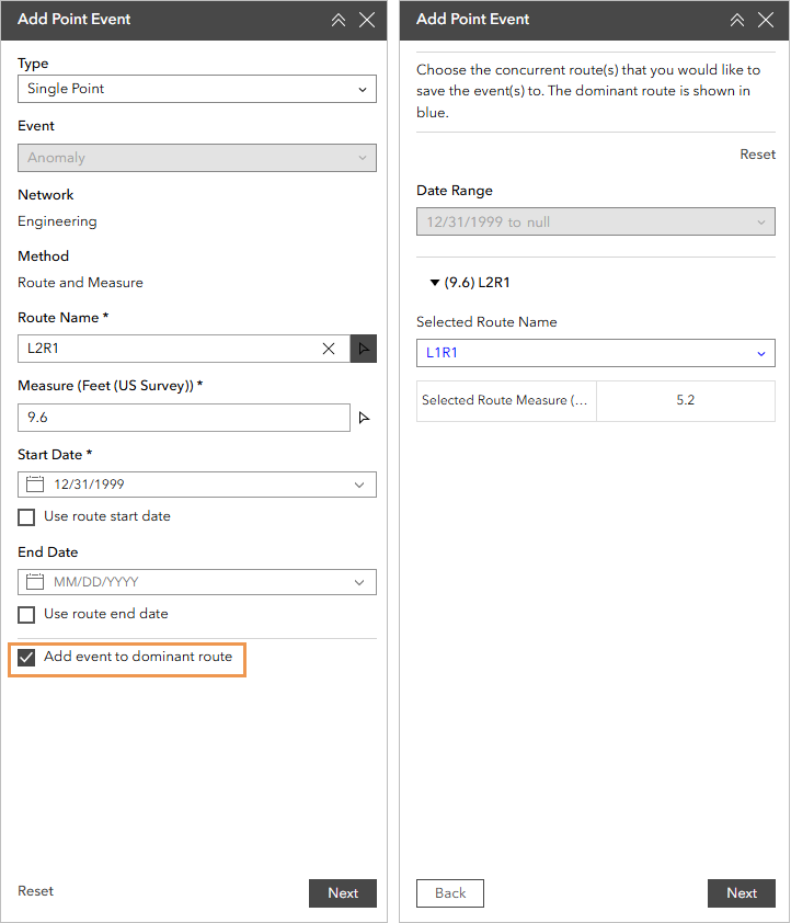 The first screenshot is an example of the Add Point Event widget panel with the "Add event to dominant route" parameter checked. In the second screenshot, the dominant route is shown in blue.