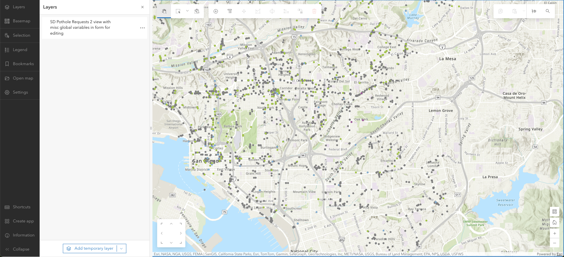 Map interface of ArcGIS Web Editor showing numerous black and green point markers across San Diego area, with a sidebar labeled "Layers" and options for adding a temporary layer.