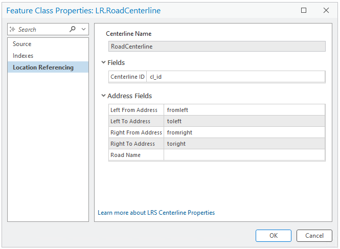 A screenshot illustrating the properties of the centerline feature class that is configured as the address range feature class.