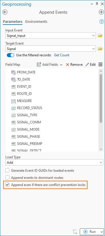 A screenshot highlighting the "Append even if there are conflict prevention locks" parameter of the Append Events tool.