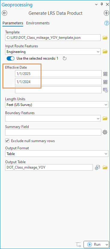 A screenshot highlighting the Effective Date parameter of the Generate LRS Data Product tool.