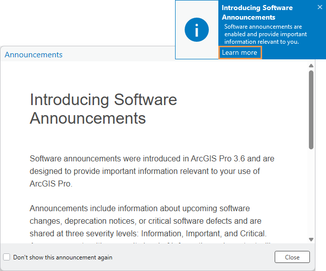 Example software announcement showing the toast notification and further information displayed directly in ArcGIS Pro