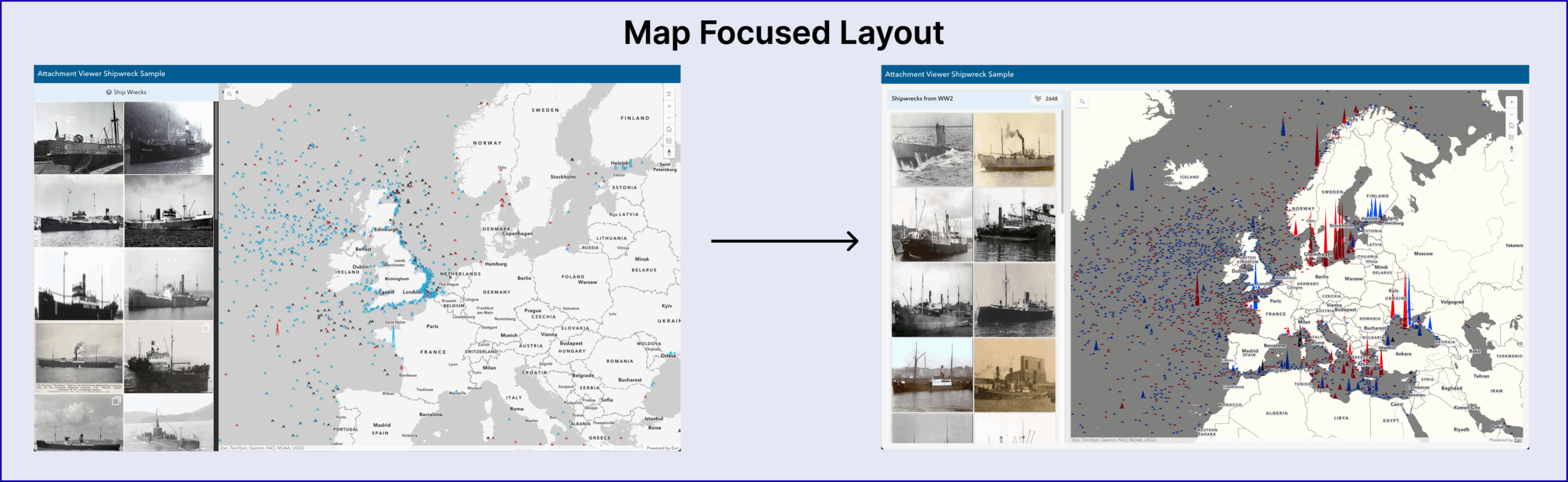 Sample images of the map focused layout in an Attachment Viewer app. Left image is of the previous interface; right image is the new interface Sample images of the map focused layout in an Attachment Viewer app. Left image is of the previous interface; right image is the new interface