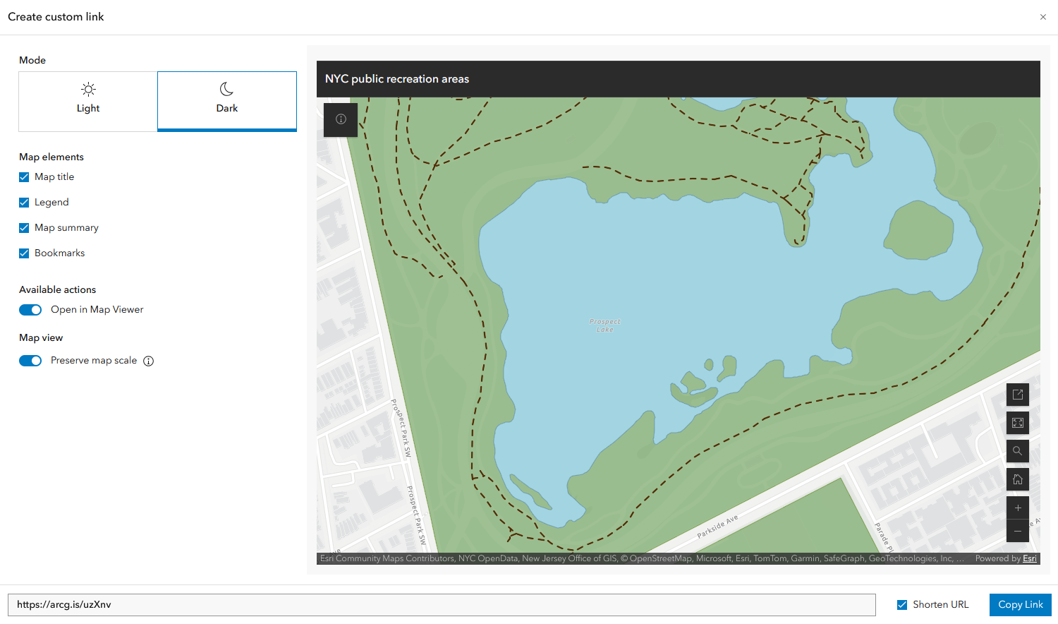 Image shows the Create custom link dialog, with map elements, actions, and the preserve map scale toggle enabled. Image shows the Create custom link dialog, with map elements, actions, and the preserve map scale toggle enabled.