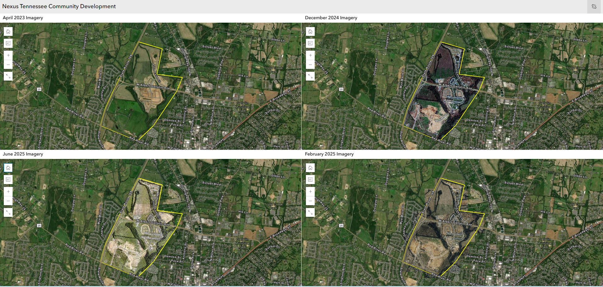 Multiple images acquired for the same project area in Gallatin, TN are shown in this web application
