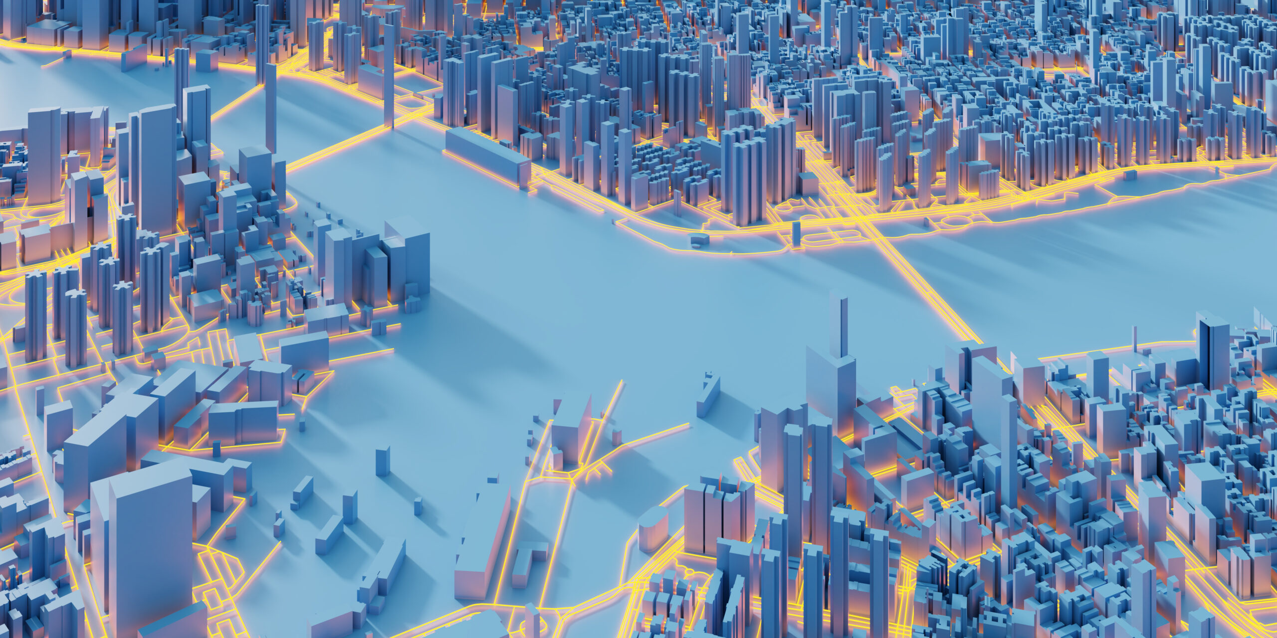 3D futuristic rendering of urban city showing highlighted communications and technology connectivity