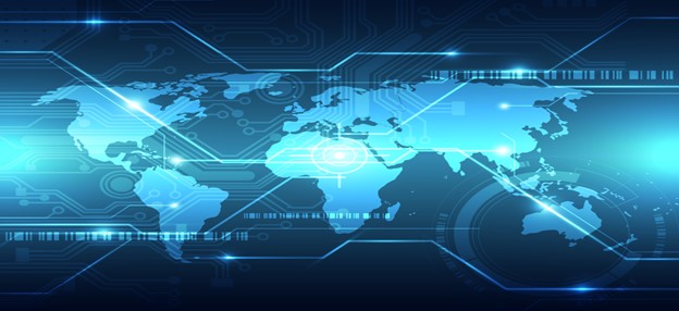 World map in shades of blue overlaid with network system lines.