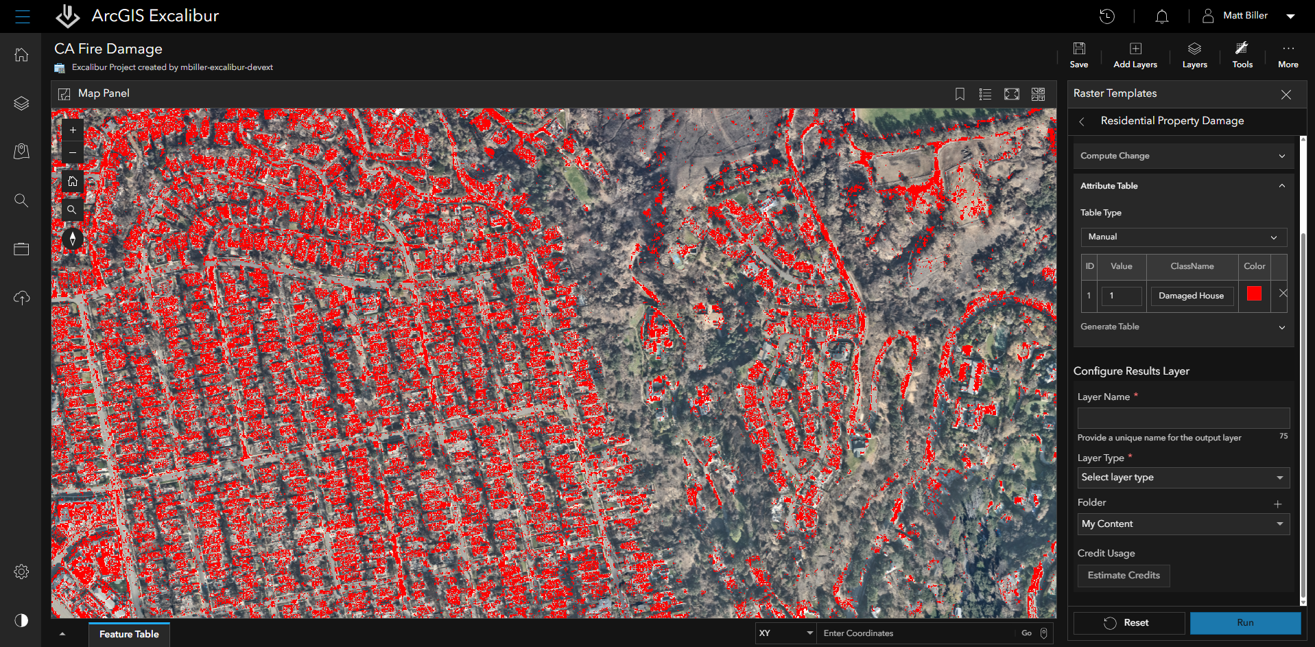 ArcGIS Excalibur interface displaying a satellite map labeled "CA Fire Damage." The map shows a residential area with numerous properties outlined in bright red, indicating damages properties. On the right side, there is a panel titled "Raster Templates" with options for analyzing residential property damage, including settings for "Compare Change," "Attribute Table," and configuration options for results layers.