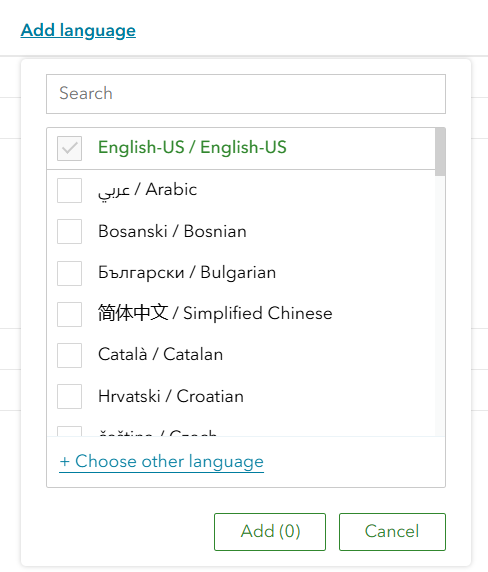 An example of ArcGIS Survey123's Manage Survey Languages panel