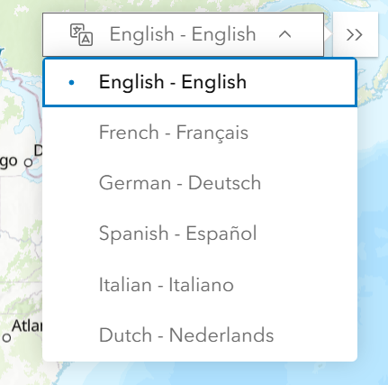 An Instant Apps application featuring a map of Spain with a language switcher drop-down menu