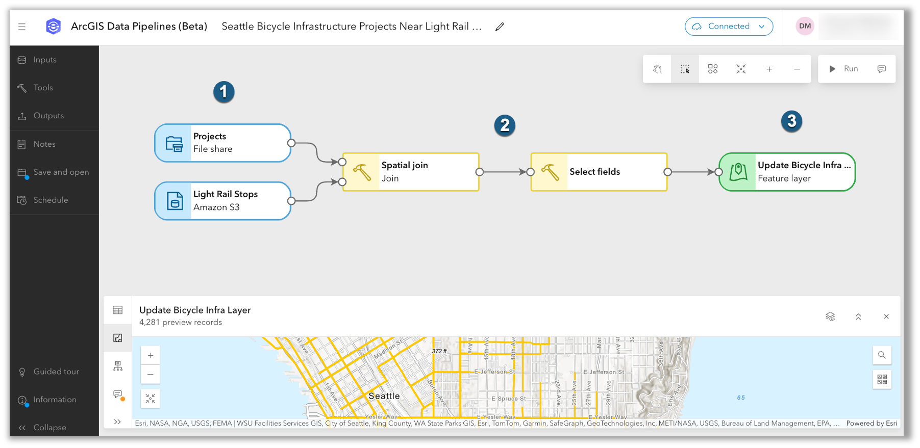 ArcGIS Data Pipelines (Beta) user interface showing a flow diagram of data used in a map layer called "Update Bicycle Infra Layer"