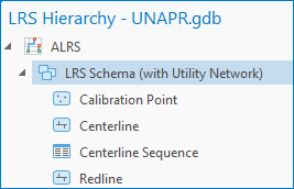 A screenshot illustrating the LRS Hierarchy pane that shows a label when a utility network is integrated with the LRS.