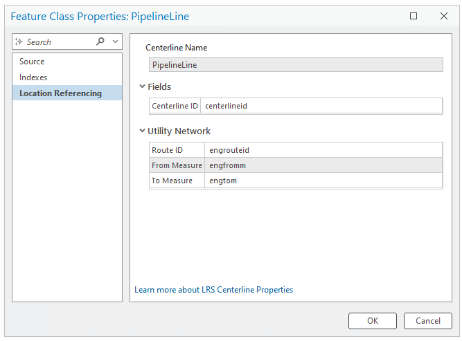 A screenshot illustrating the properties of the Pipeline Line feature class that is configured as the centerline feature class in the LRS.