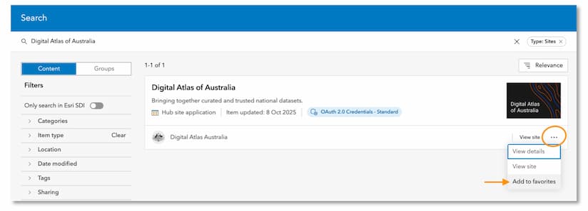 how to favorite content in ArcGIS Online home app