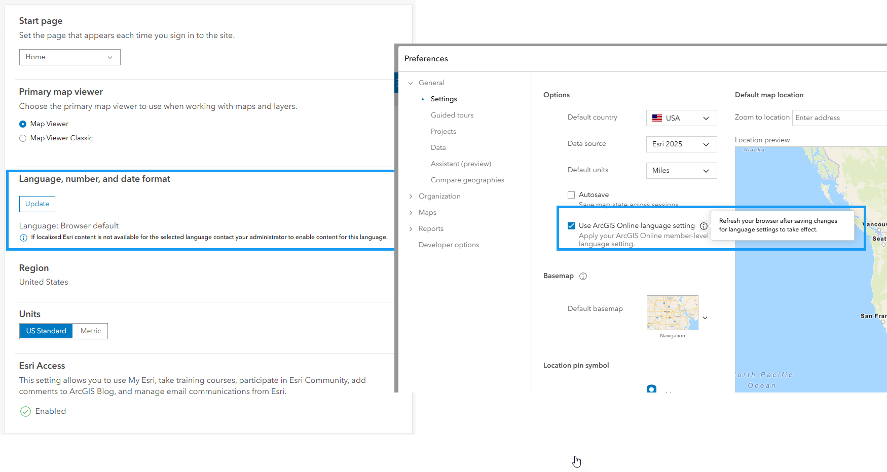 User setting for Language, number, and date format