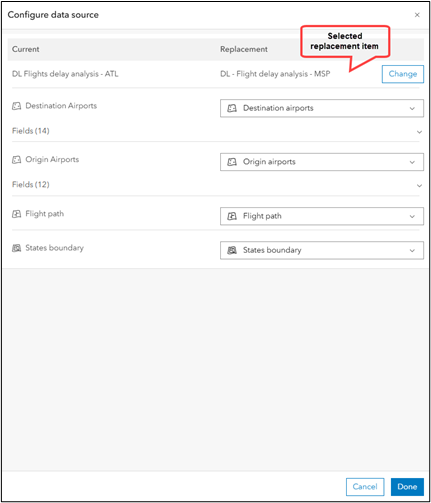 Configure data source window showing new replacement item on the right Configure data source window showing new replacement item on the right