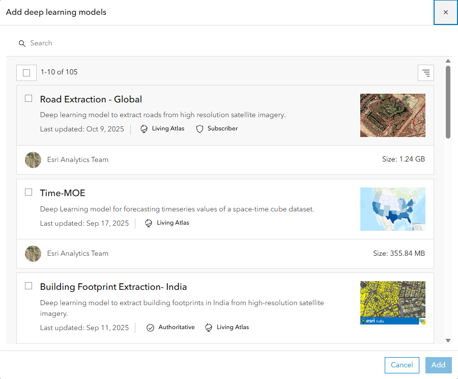 User interface in the ArcGIS Enterprise portal that allows you to select and add deep learning models to your Living Atlas content.