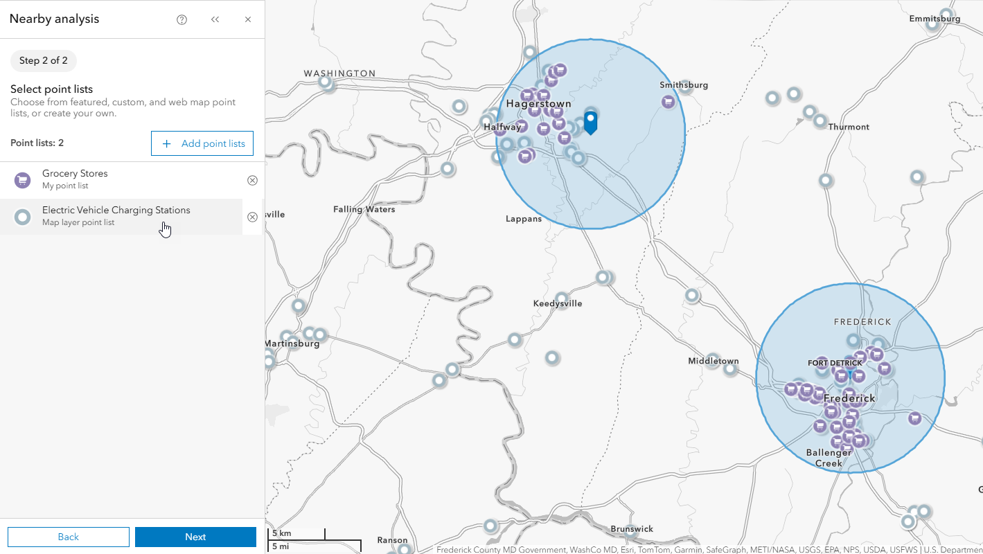 A nearby analysis map of grocery stores and charging stations