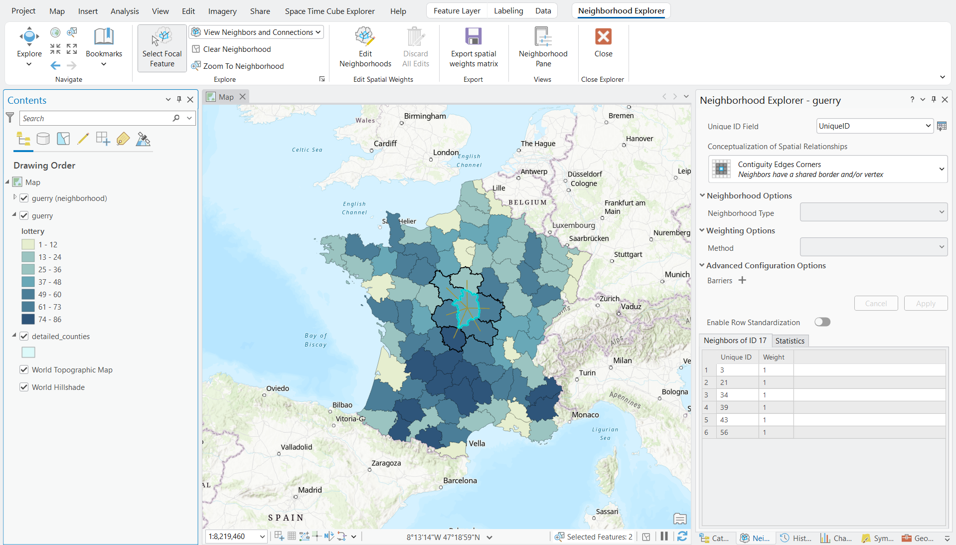 France's districts from the 1830's Guerry data set. A district in the center is selected and the neighboring features are outlined in black with lines connecting to them.
