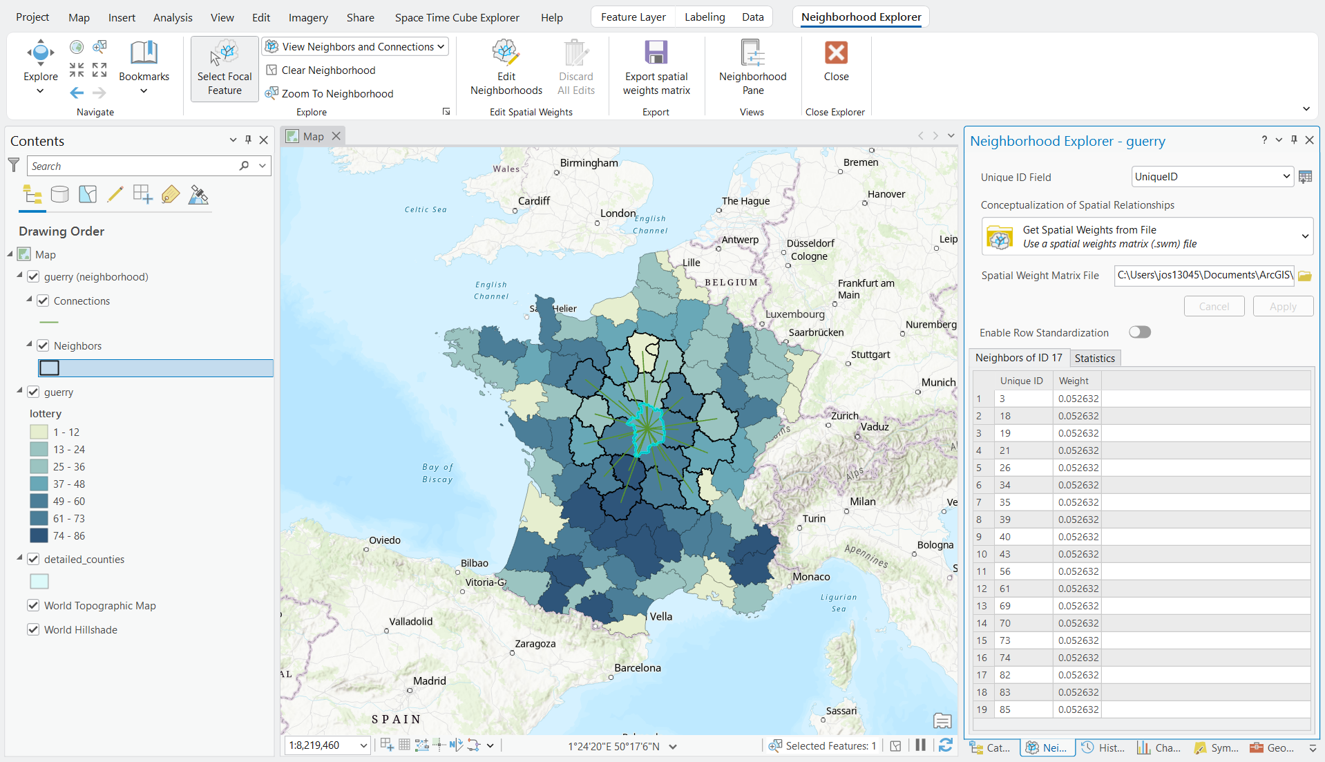 France's districts from the 1830's Guerry data set. A district in the center is selected and the neighboring features are outlined in black with lines connecting to them.