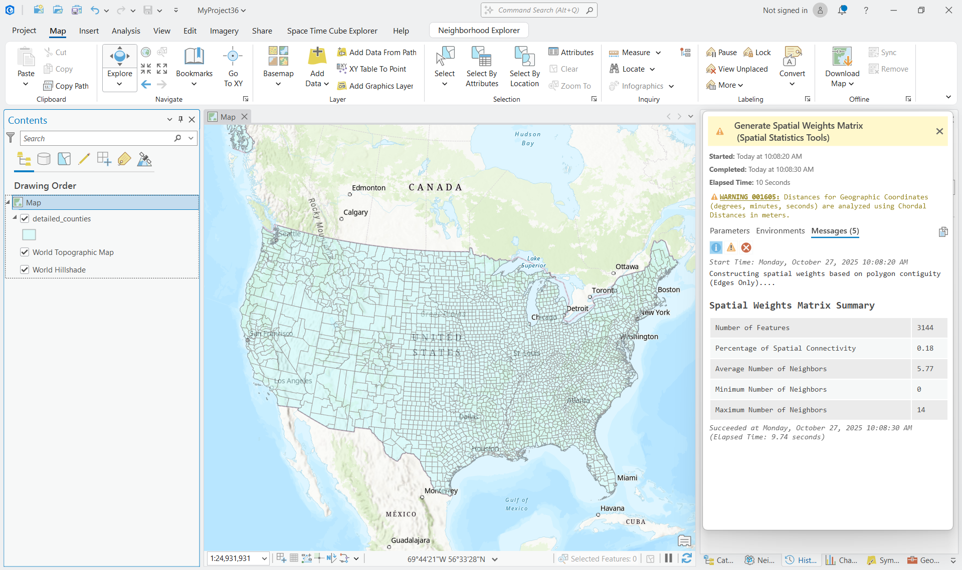 A screenshot of a map of the contiguous detailed US Counties. On the right hand side is the geoprocessing messages of the Generate Spatial Weights Matrix tool with an elapsed time of 9.74 seconds.