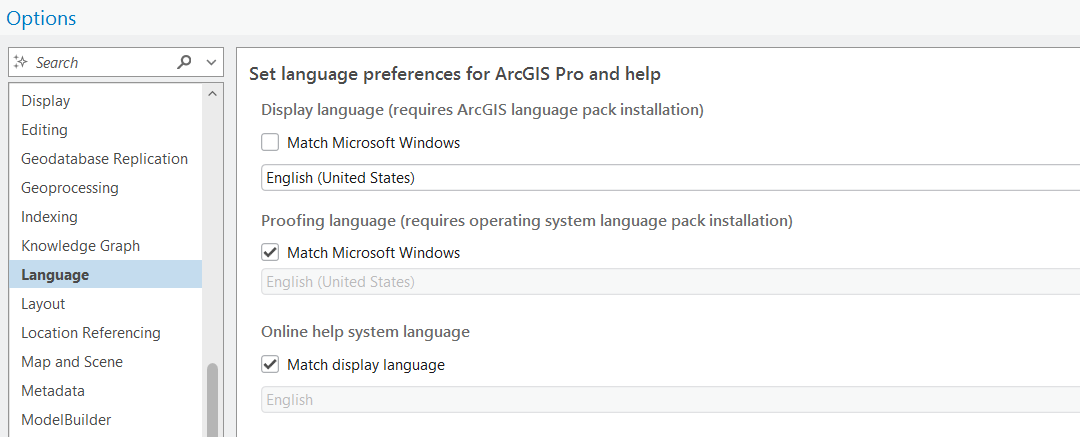 The location in the Options menu in ArcGIS Pro Settings where users can set language preferences