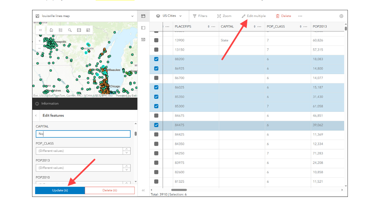 An image showing ArcGIS Instant Apps, specifically the bulk attribute editing capabilities in the Manger template.