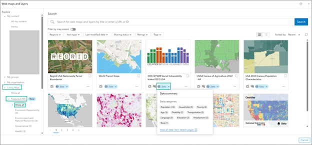 Featured Living Atlas content with a data summary