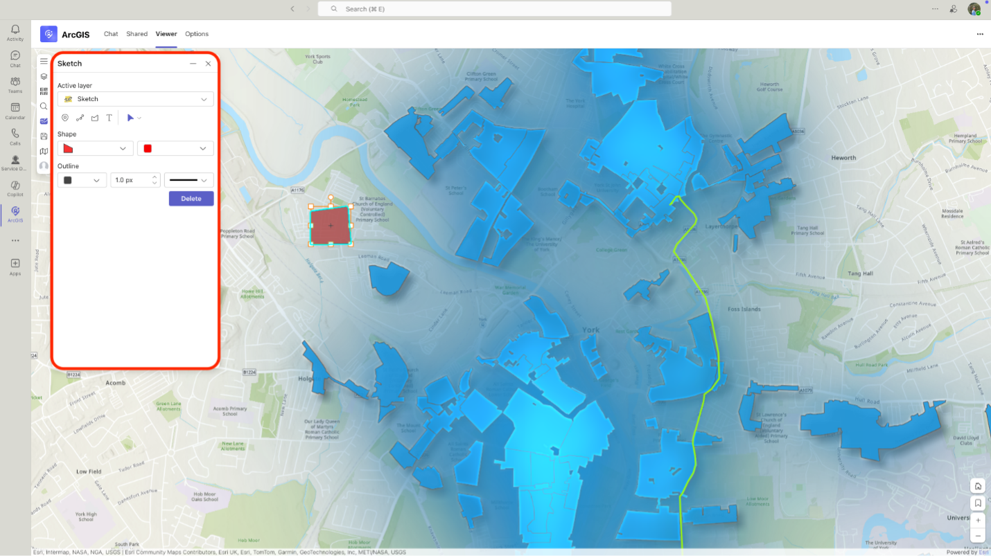 Map with blue area. Red square showing the sketch and annotate tool.