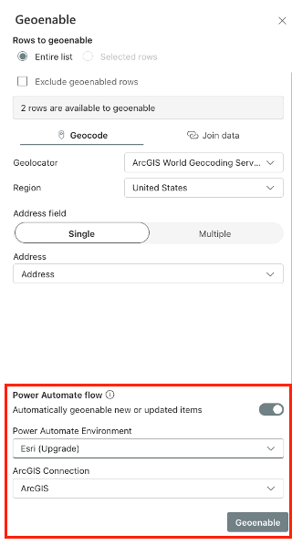 Geoenable screen. Red box highlighting the Power Automate flow.