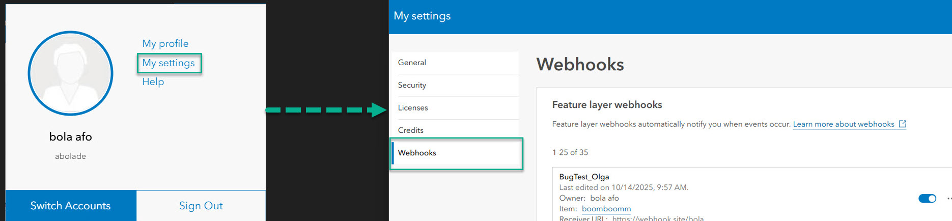 Webhooks on My settings page Webhooks on My settings page