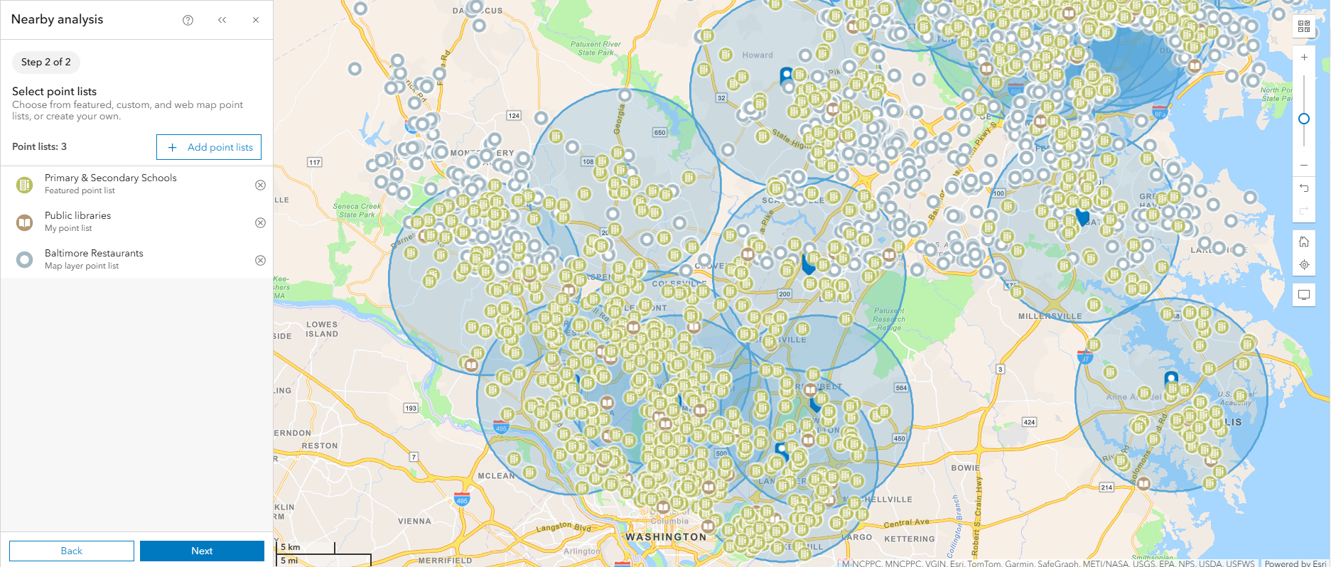 A nearby analysis map of schools, libraries, and restaurants