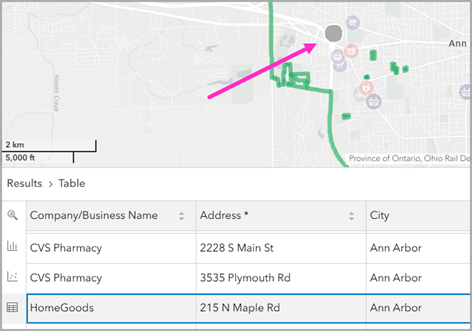 HomeGoods location in the table and on the map