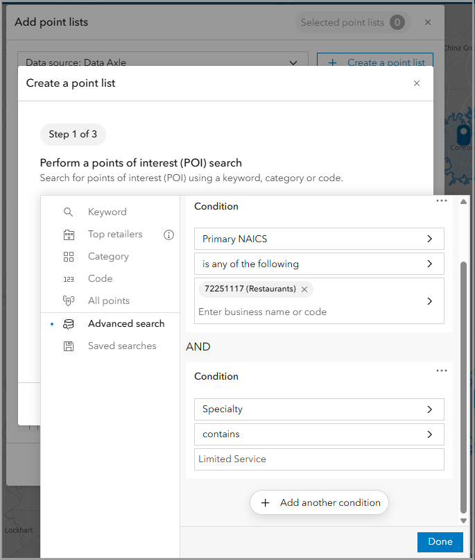 Advanced search conditions for a custom point list