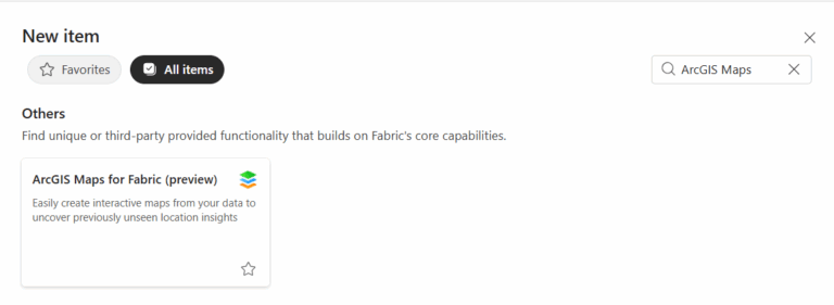 An image of a menu with a box containing the words "ArcGIS Maps for Fabric (preview)"
