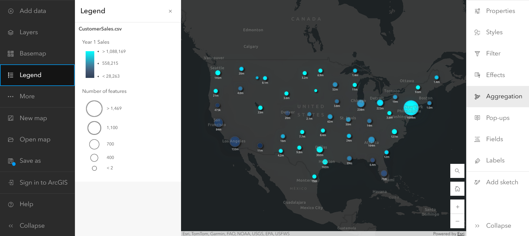Map of the United States with differently-sized blue circles, labeled with numbers