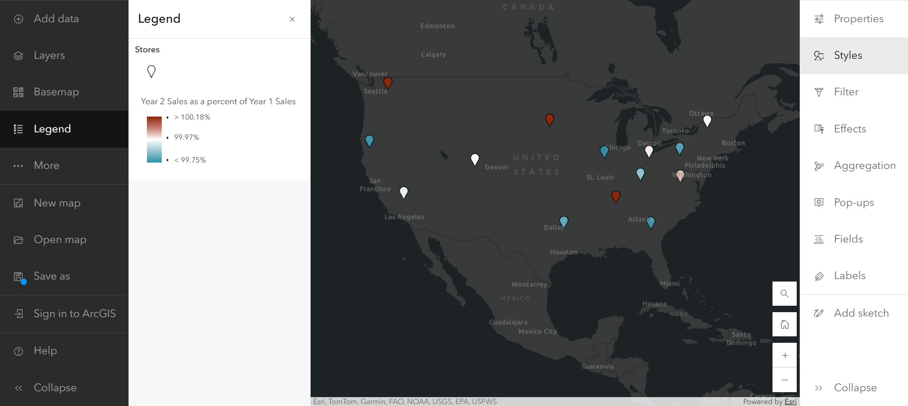 A map of the United States with red, white, and blue pins.