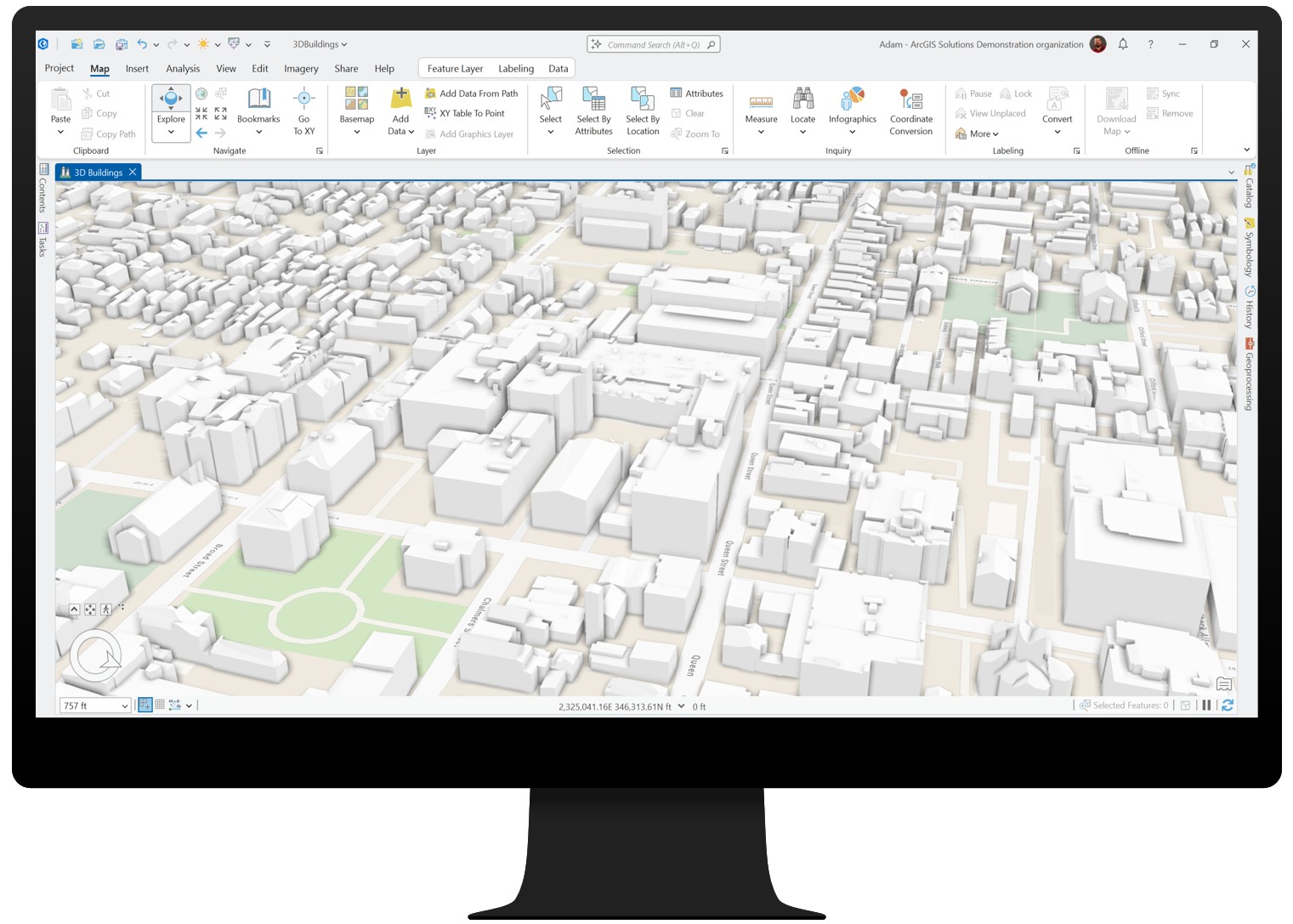 An image of ArcGIS Pro showing the results of the Extract LOD2 Buildings tool. An image of ArcGIS Pro showing the results of the Extract LOD2 Buildings tool.