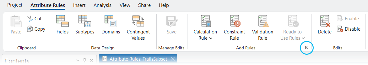 Attribute Rules ribbon in ArcGIS Pro 3.6 shown with Add Rules group and highlighted icon to open Attribute Rules options dialog window.