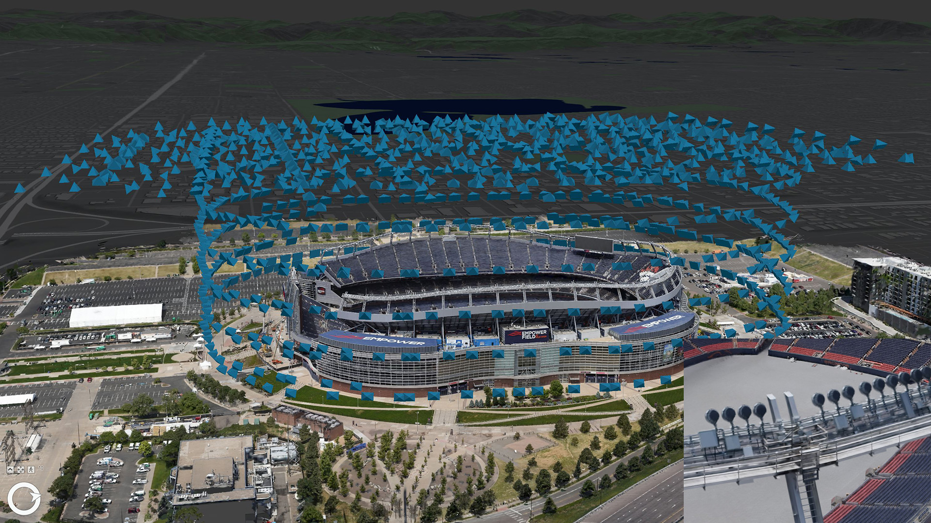 Flight pattern and 3D visualization of Broncos stadium using Gaussian splat layer.