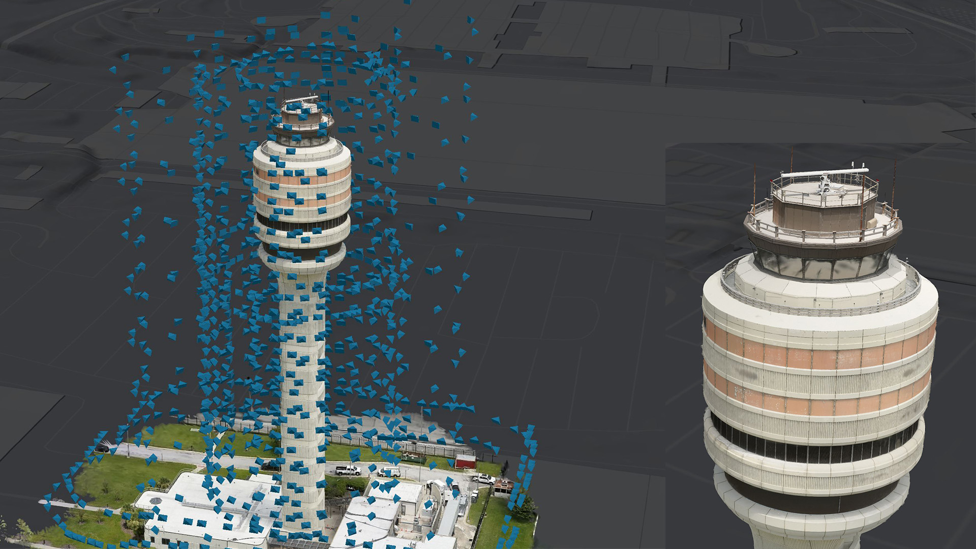 Flight pattern and 3D visualization of an air traffic control tower using Gaussian splat layer.