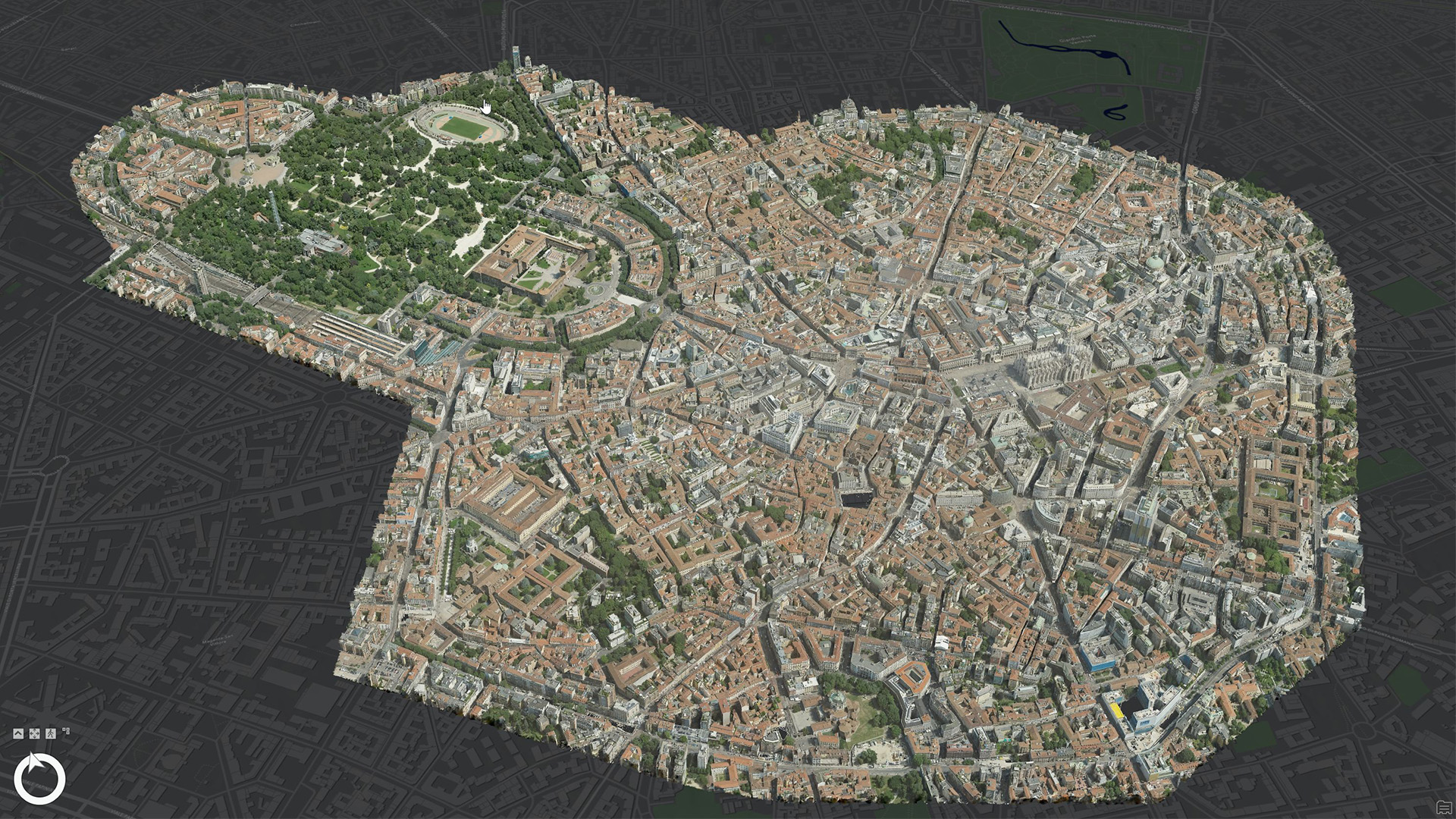 3D visualization of Milano using Gaussian splat layer.